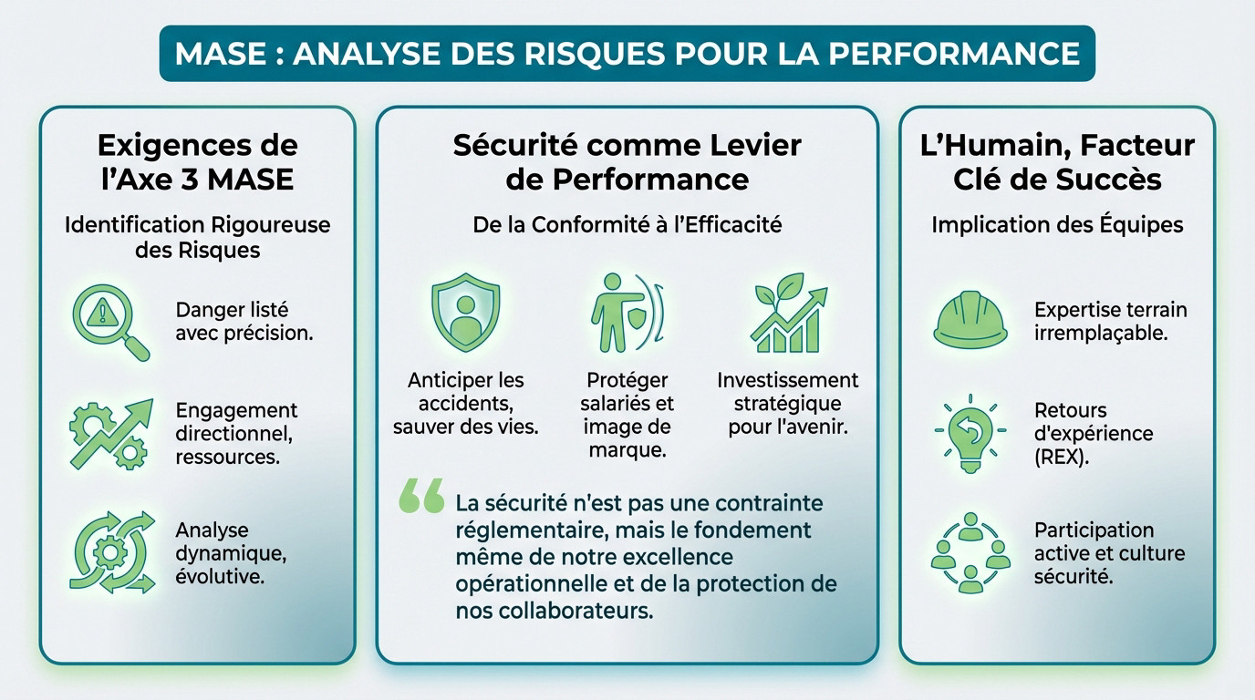 Techniciens réalisant une analyse des risques MASE sur un site industriel pour optimiser la performance sécurité