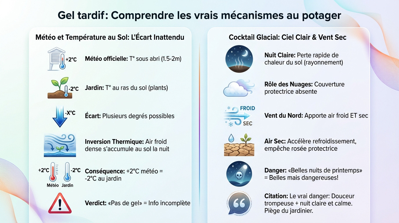 Schéma illustrant l'inversion thermique et le rayonnement nocturne causant le gel au potager