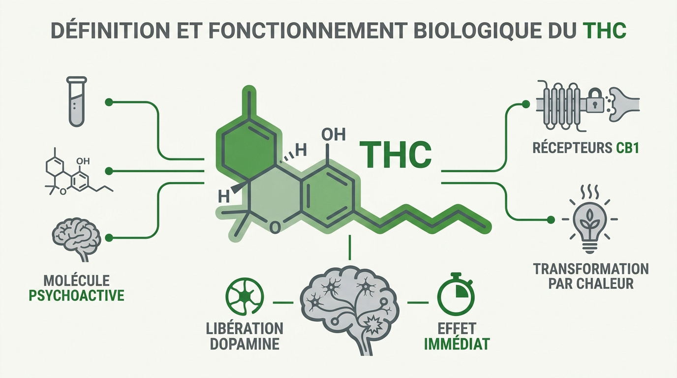 Infographie expliquant le fonctionnement biologique du THC et son interaction avec les récepteurs cérébraux