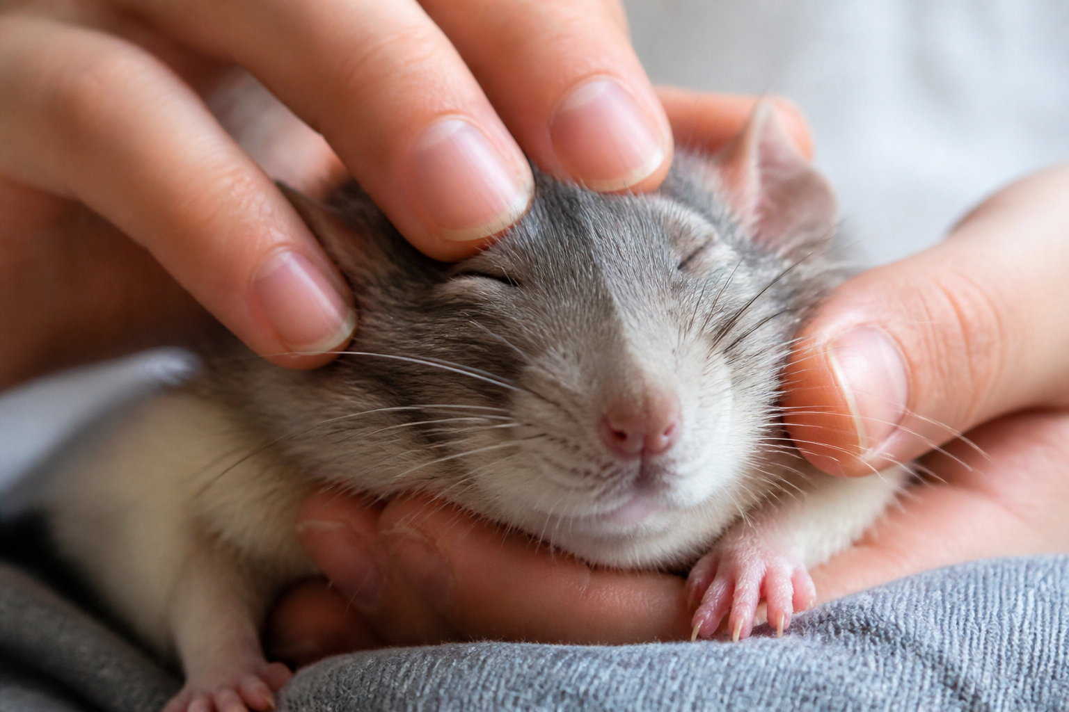 Gros plan sur des mains caressant délicatement un petit rat arthrosique