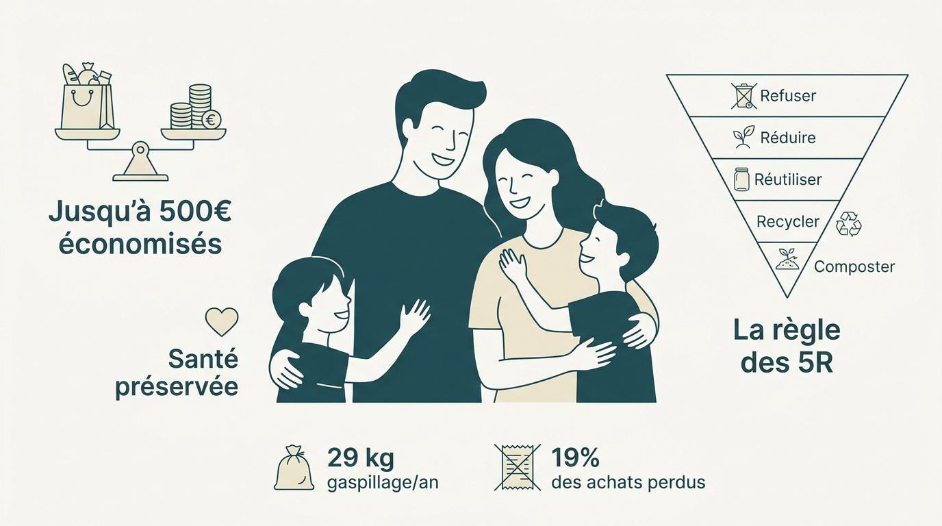 Infographie montrant les économies et la règle des 5R pour réduire déchets cuisine famille