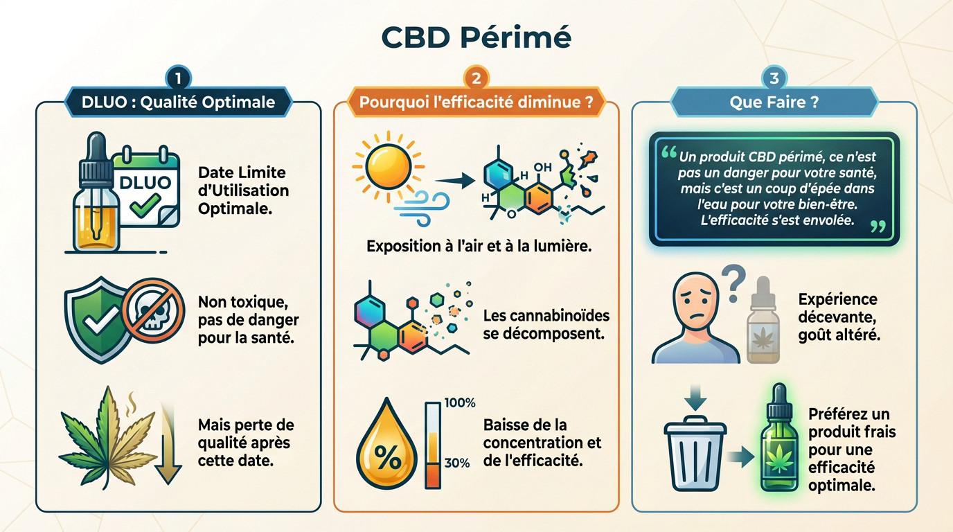 Flacon de CBD périmé montrant une date limite d'utilisation optimale dépassée