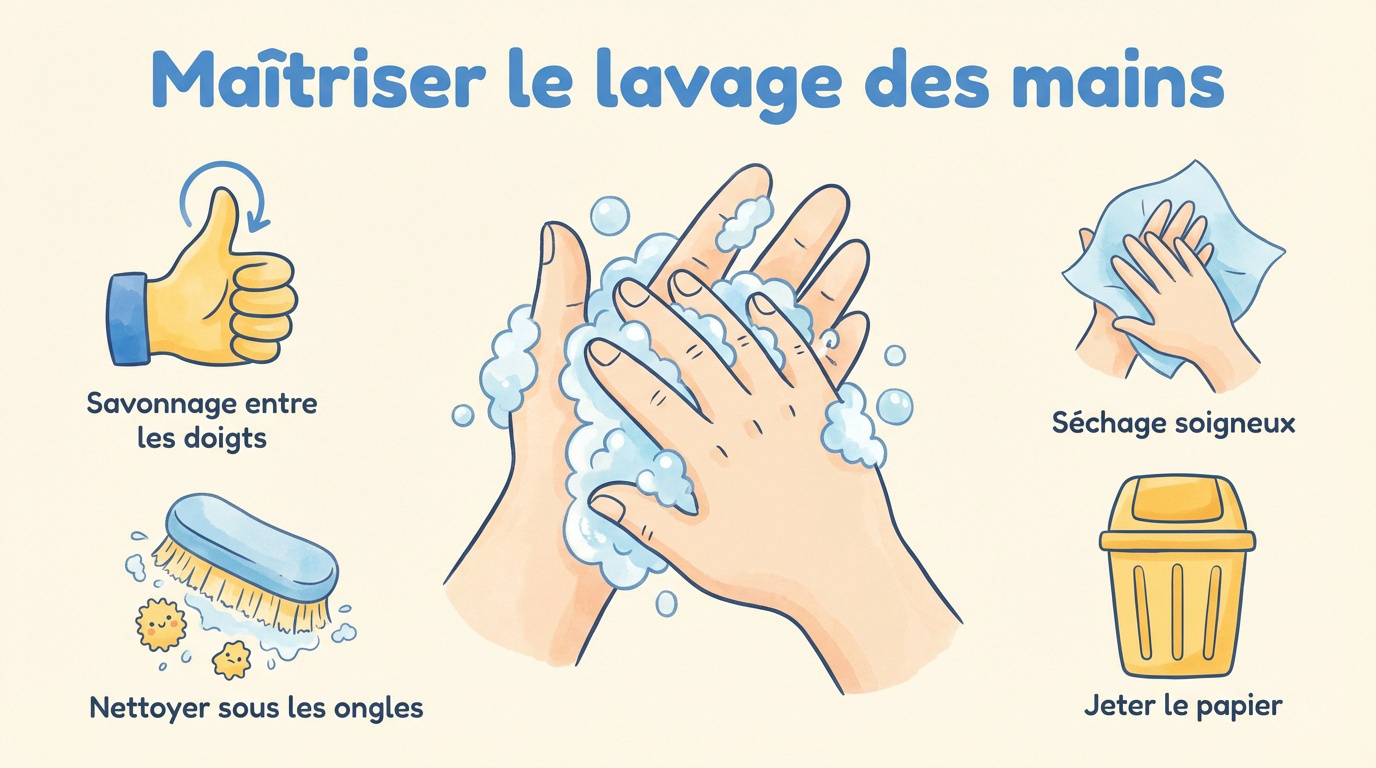 Affiche pédagogique illustrant les étapes du lavage des mains pour enfants en maternelle