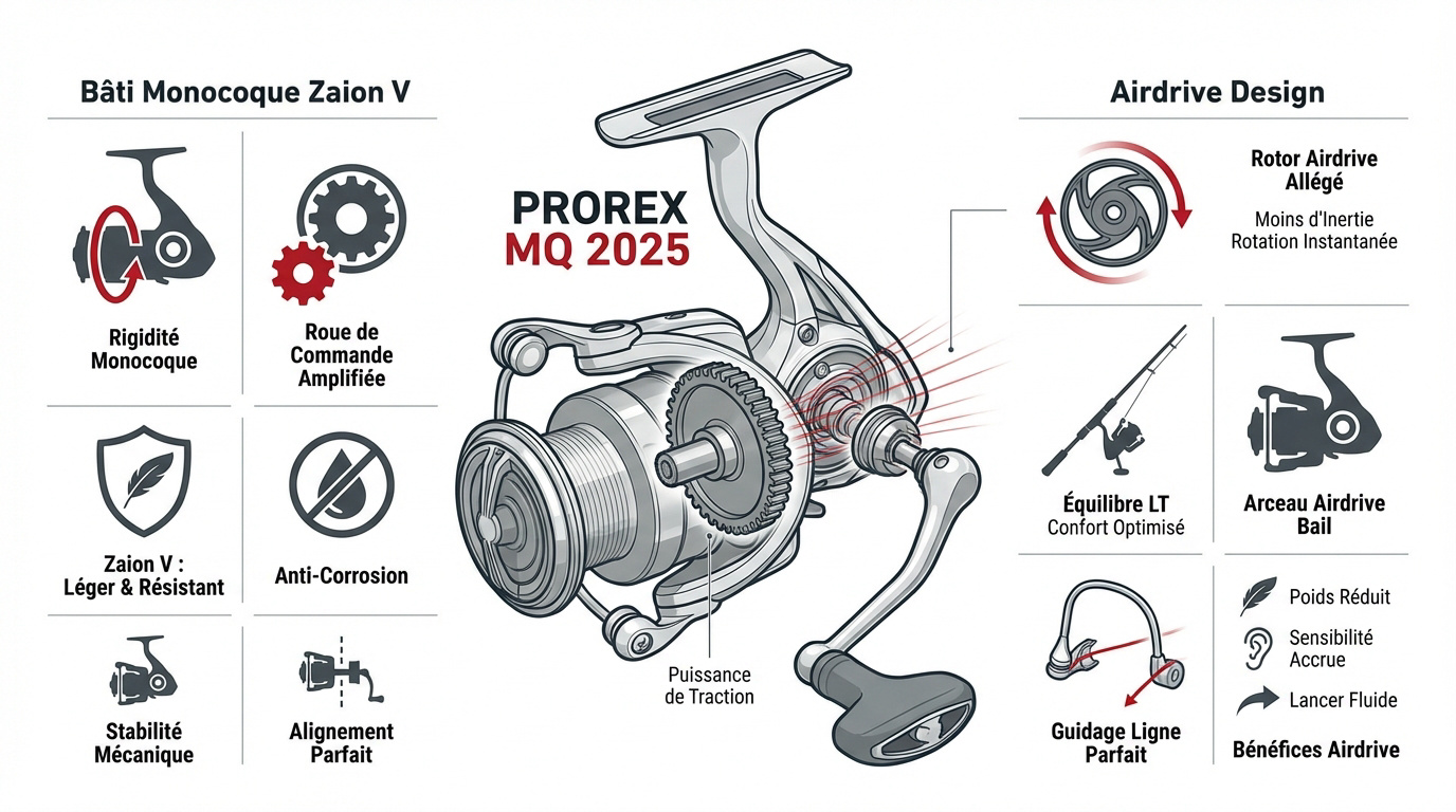 Mécanisme interne et bâti monocoque du moulinet Daiwa Prorex MQ 2025