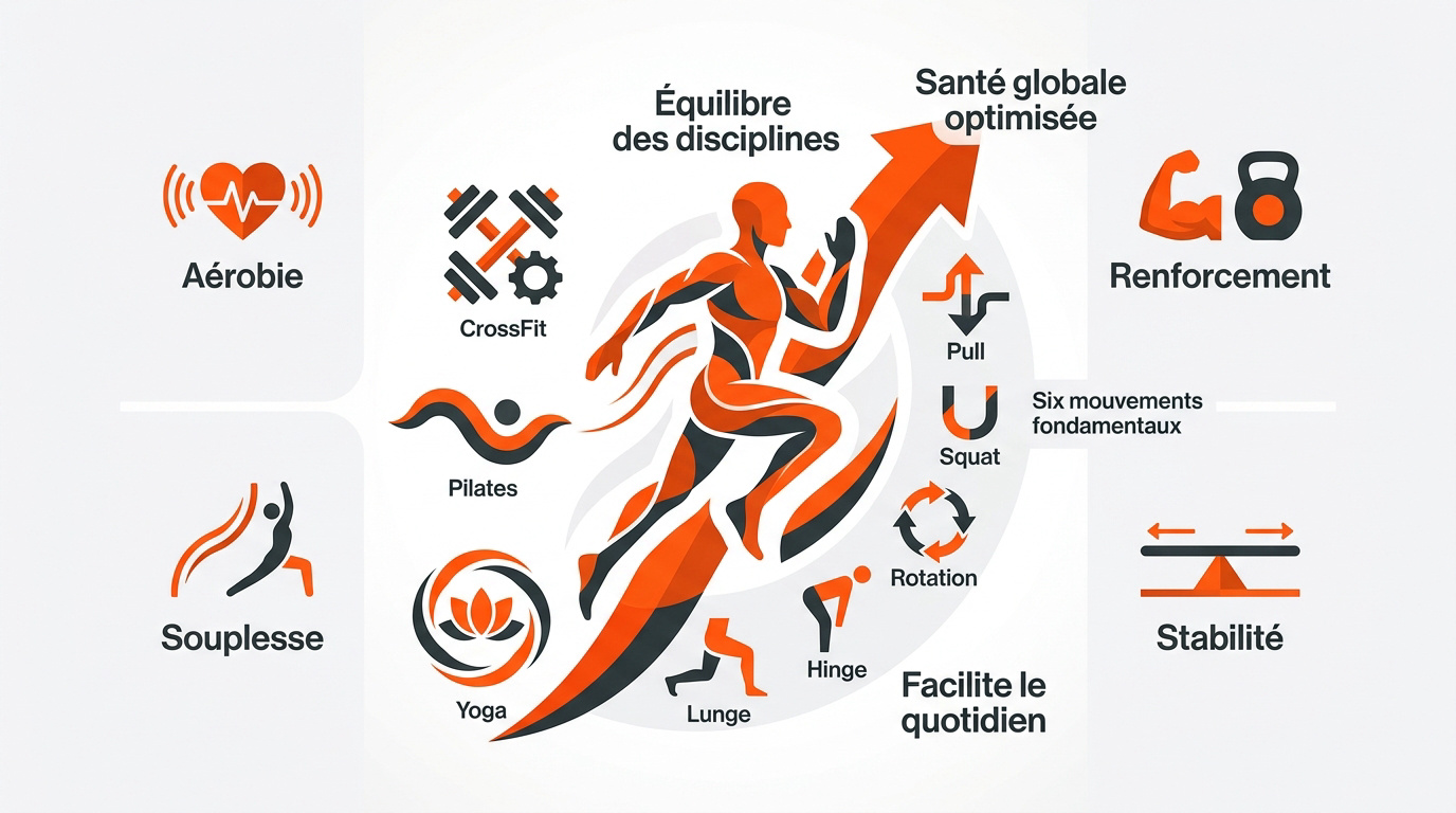 Infographie montrant l'équilibre entre renforcement, cardio et souplesse pour transformer son physique