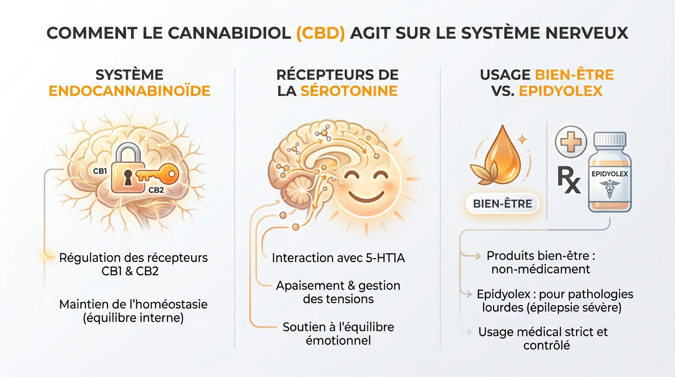 Schéma illustrant l'interaction du CBD avec les récepteurs du système nerveux central