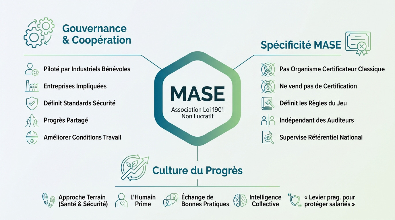 Schéma illustrant la gouvernance associative du MASE et la relation entre entreprises utilisatrices et intervenantes