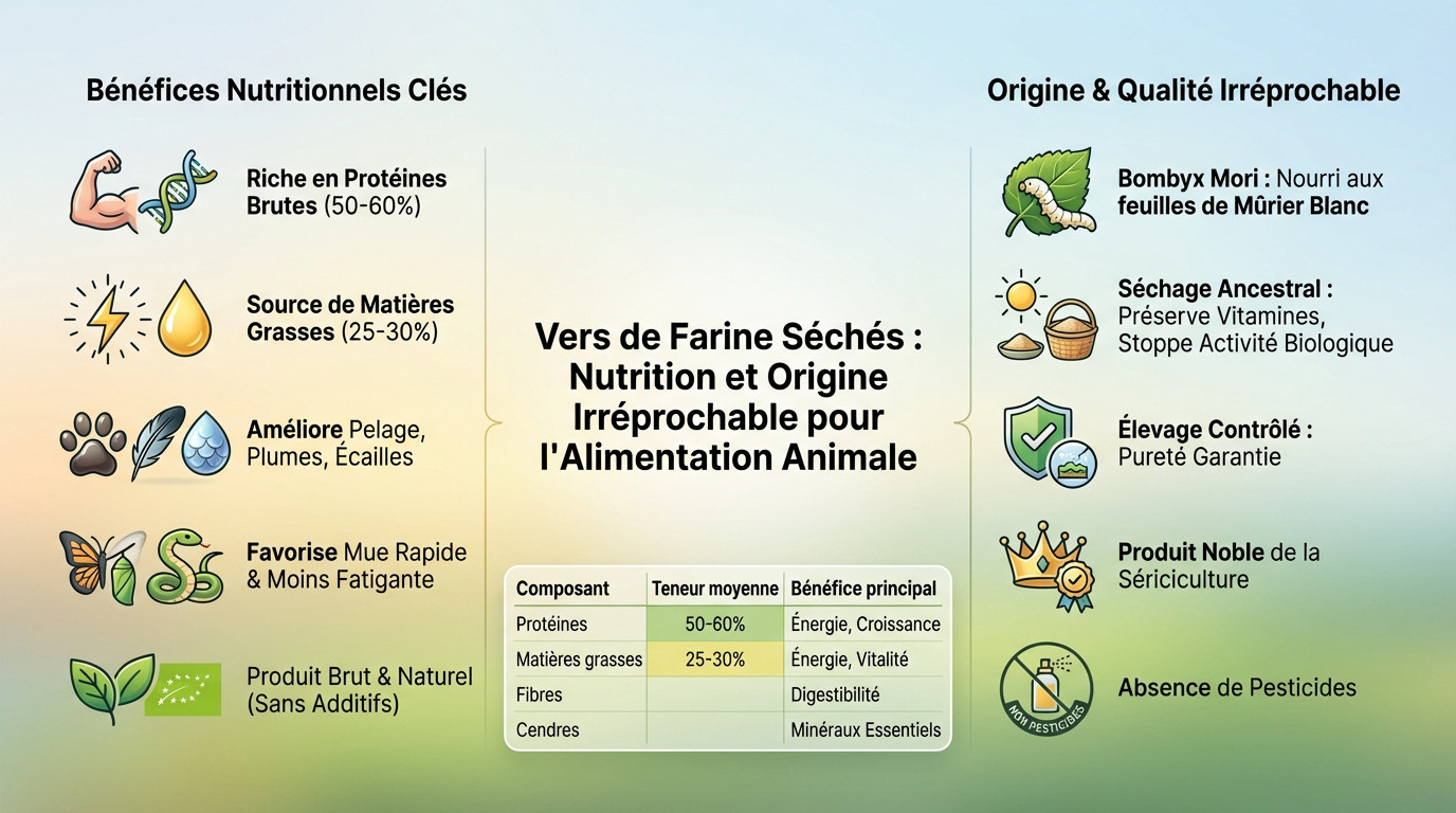 Vers à soie séchés riches en protéines pour l'alimentation des animaux