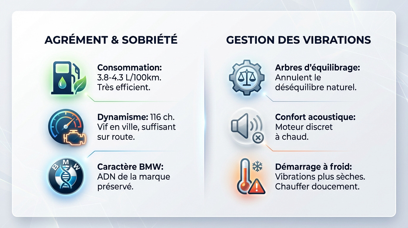 Infographie fiabilité moteur BMW 116d 3 cylindres et consommation