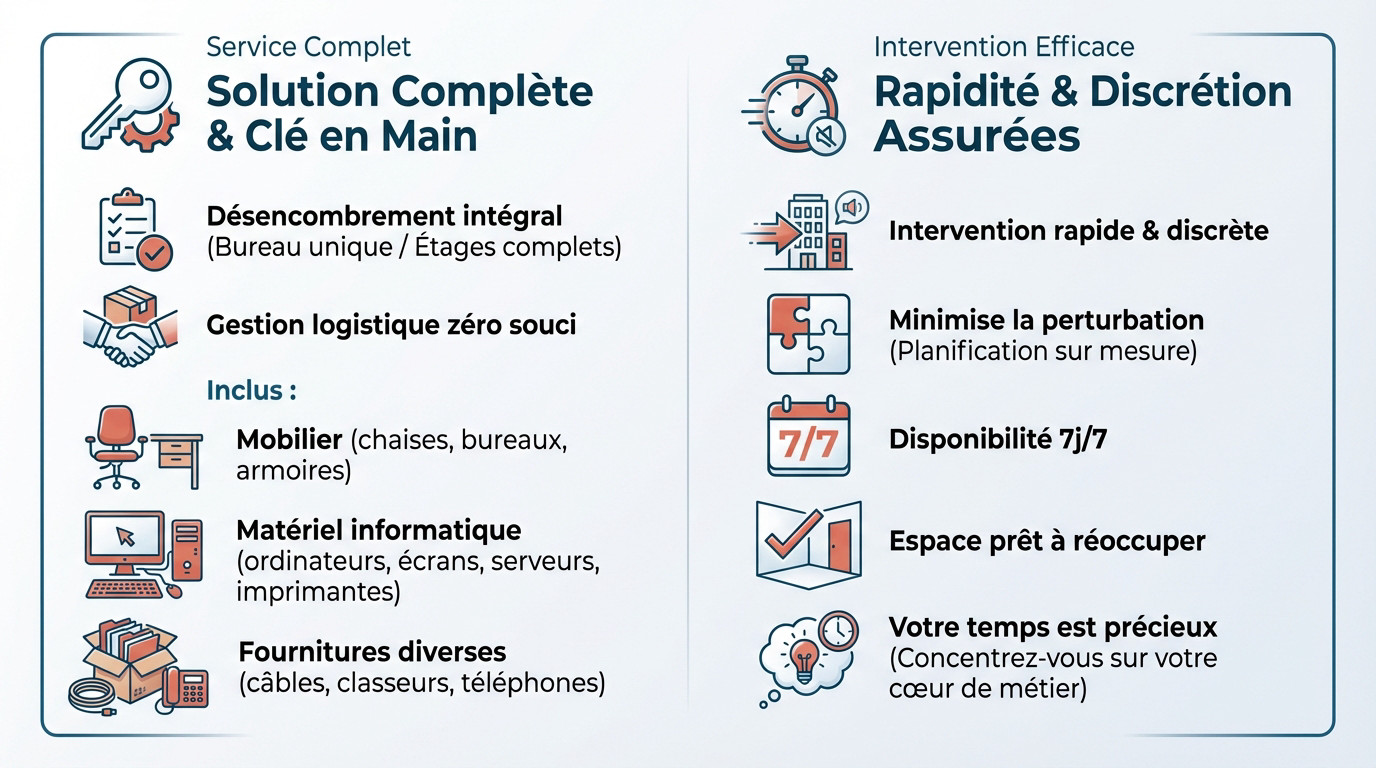 Service de débarras de bureau complet incluant mobilier et matériel informatique