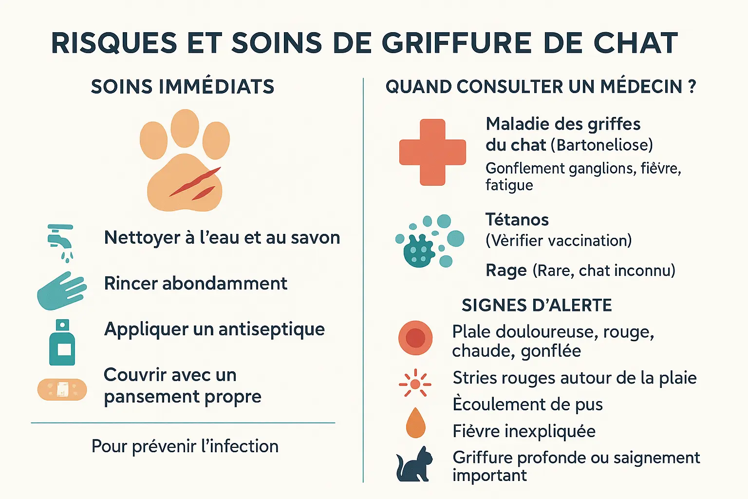 Illustration d'une griffure de chat et de soins associés