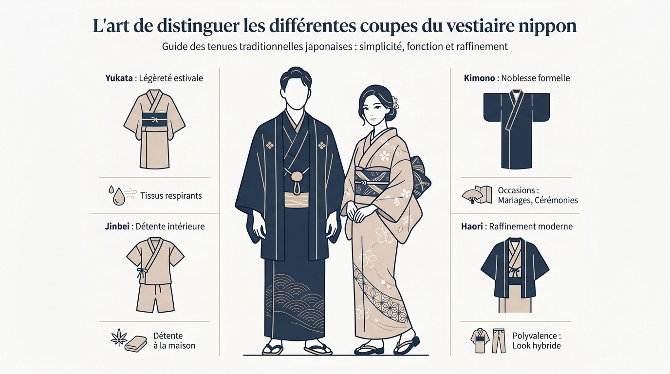 Guide visuel des tenues traditionnelles japonaises pour homme incluant yukata et jinbei