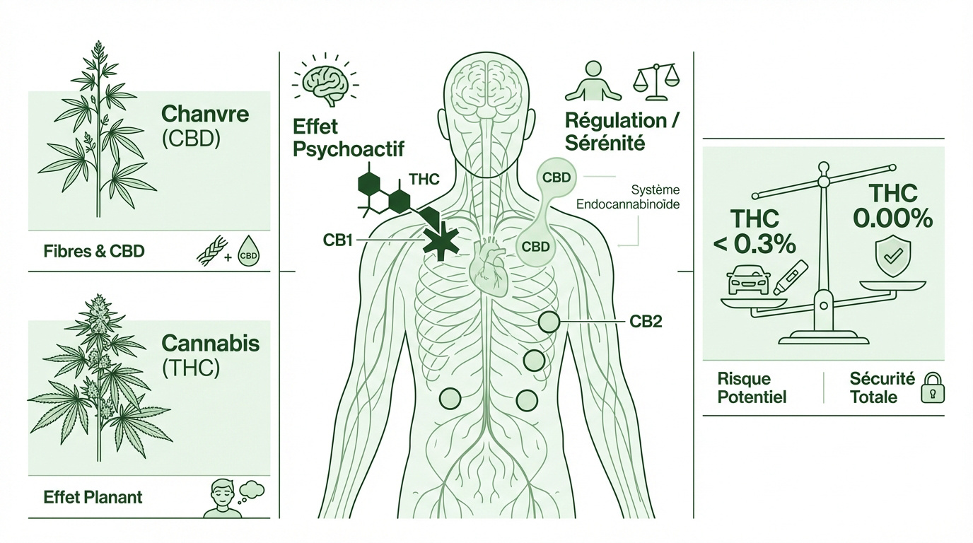 Schéma comparatif du système endocannabinoïde et des différences entre chanvre et cannabis