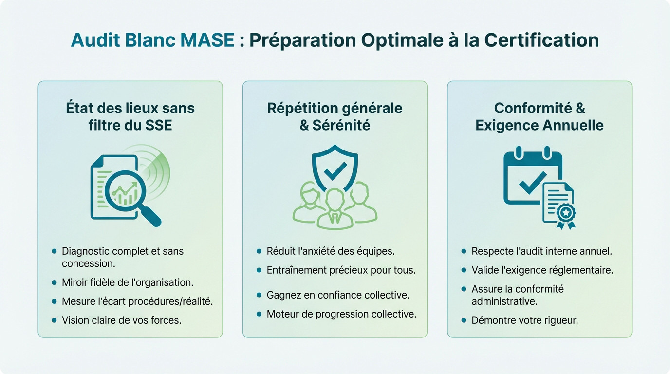 Consultant expert réalisant un audit blanc MASE sur site pour préparer les équipes à la certification officielle
