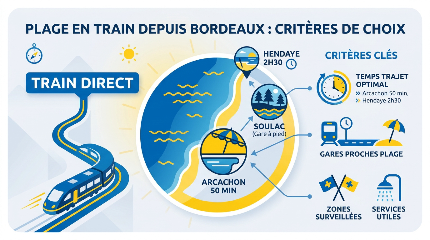 Voyageurs en train arrivant à la plage depuis Bordeaux