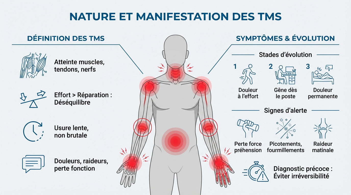 Illustration des troubles musculo-squelettiques et de leurs manifestations physiques au travail