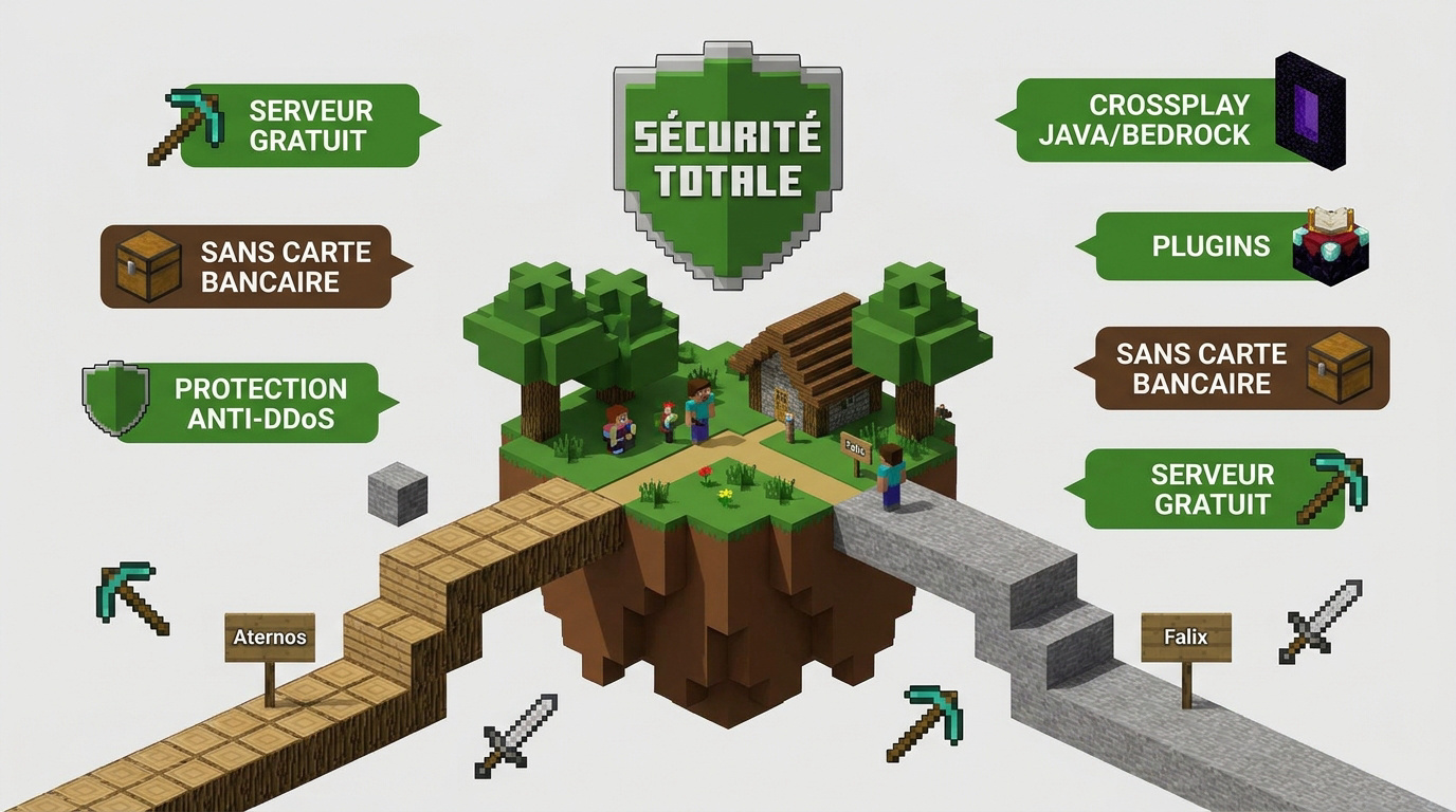 Illustration en voxel art comparant les hébergeurs Aternos et Falix pour Minecraft