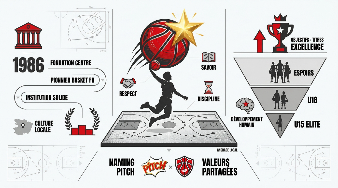 Infographie présentant les valeurs d'excellence du centre de formation Cholet Basket