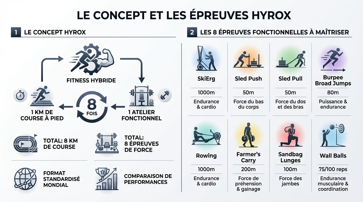 Illustration du concept Hyrox alternant course à pied et exercices fonctionnels sur un parcours standardisé