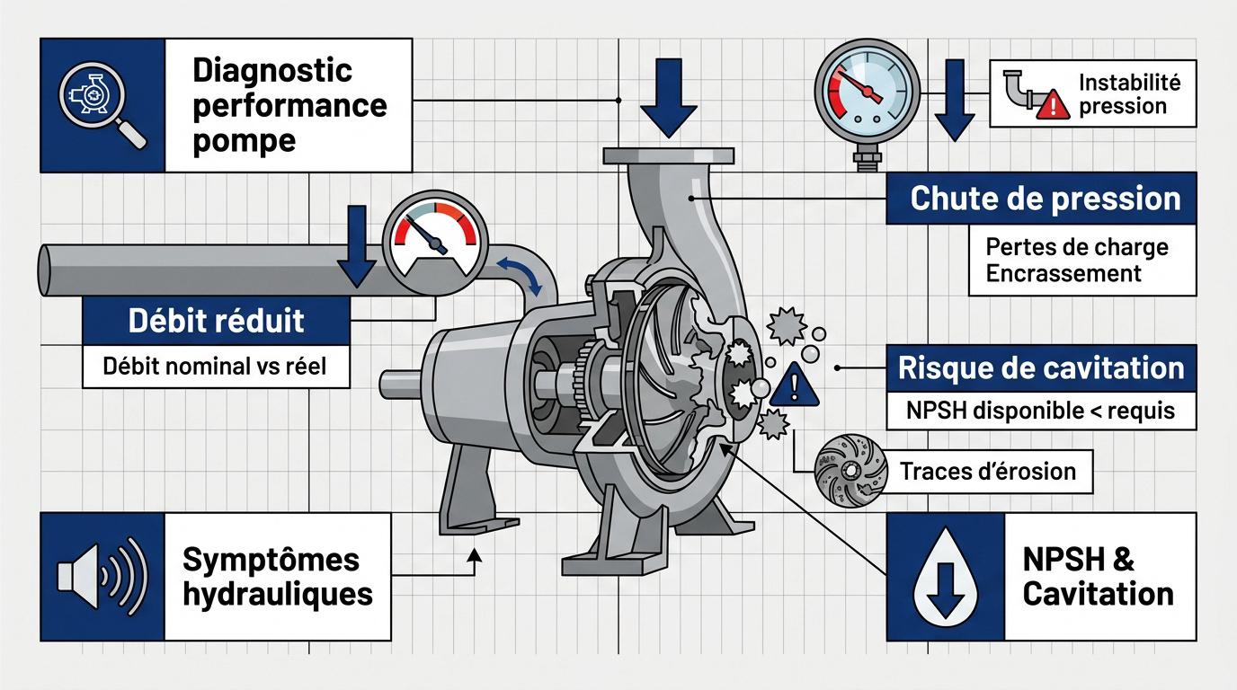 Technicien effectuant le diagnostic de performance d'une pompe industrielle sur site