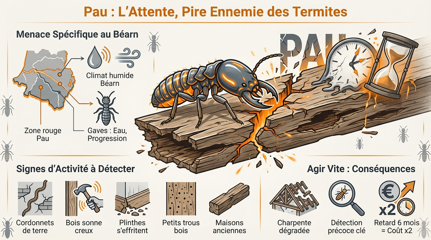 Traitement termites à Pau : inspection d'une charpente en bois menacée