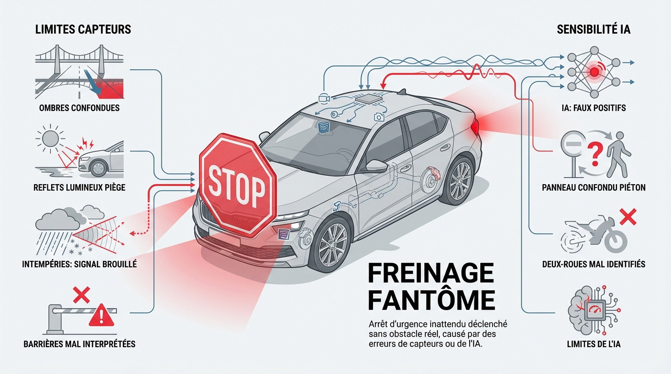 Véhicule moderne subissant un freinage fantôme sur une route dégagée