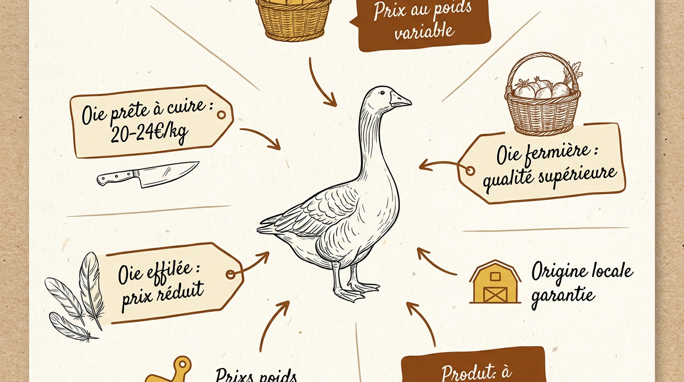 Infographie détaillant le prix d'une oie au kilo et les différences de préparation bouchère
