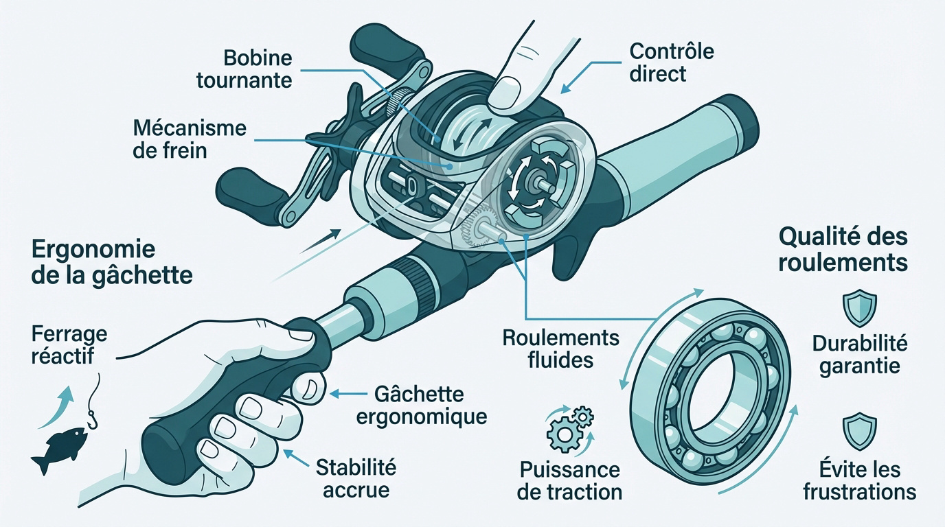 Mécanique d'un moulinet casting avec tambour tournant et poignée gâchette ergonomique