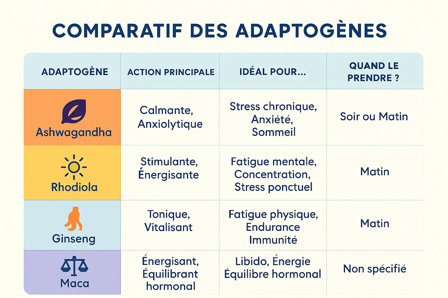 Comparaison visuelle des adaptogènes Ashwagandha, Rhodiola, Ginseng et Maca