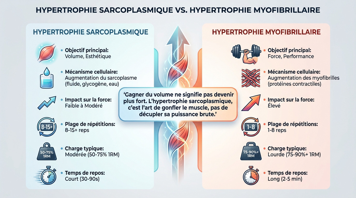 Comparaison visuelle entre hypertrophie sarcoplasmique et myofibrillaire montrant la différence de volume et de densité des fibres musculaires