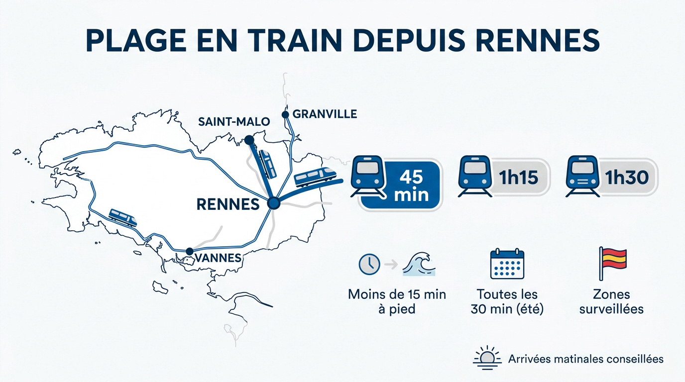 Voyageurs descendant du train pour rejoindre une plage bretonne sous le soleil