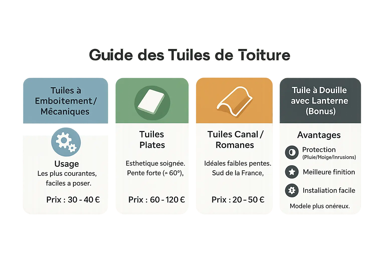 Illustration des différents types de tuiles à douille