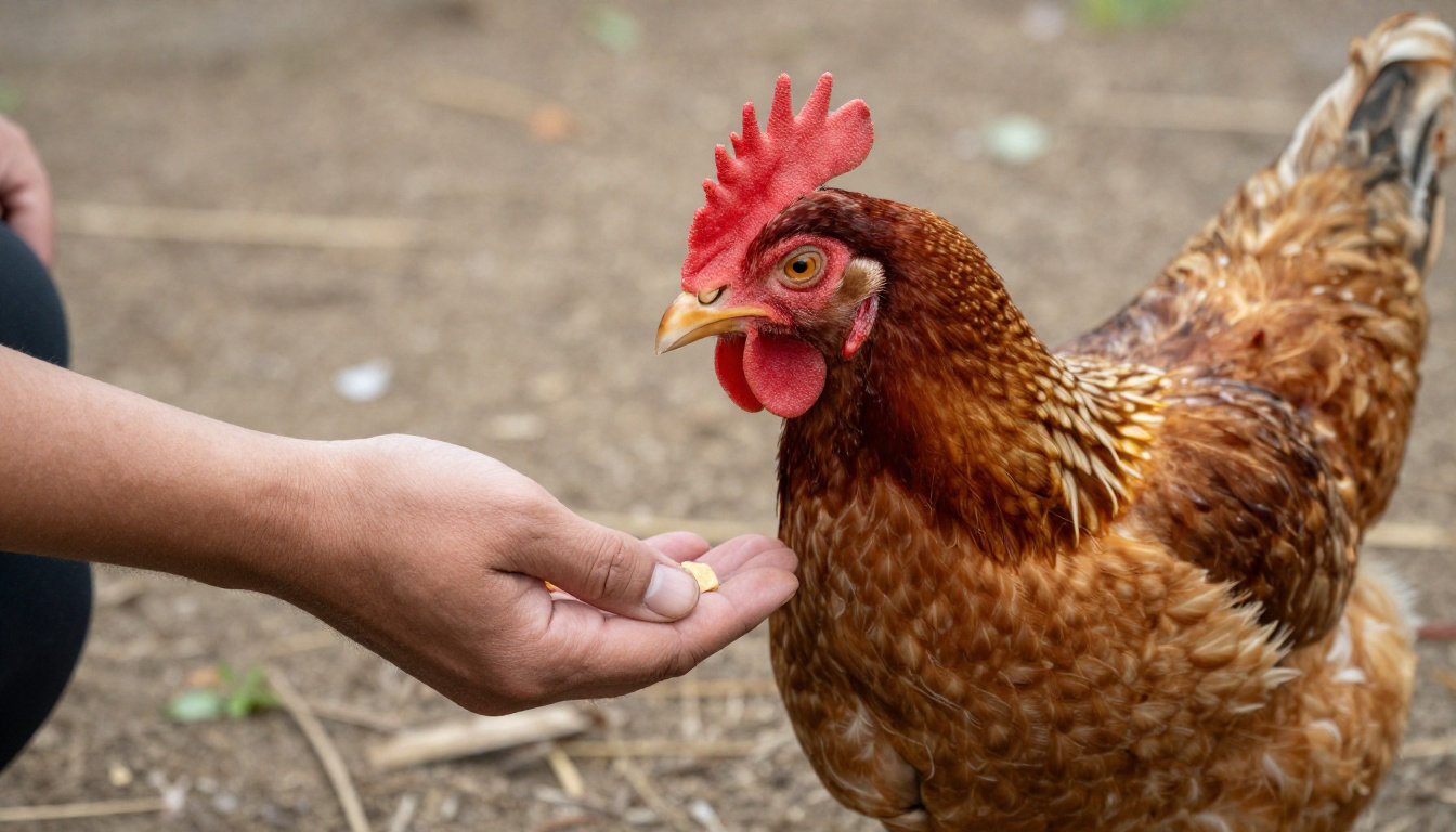 Poule mangeant dans une main
