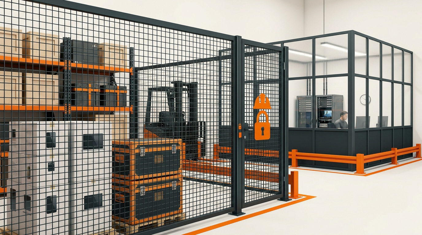 Cloisonnement grillagé modulaire dans un entrepôt logistique sécurisé