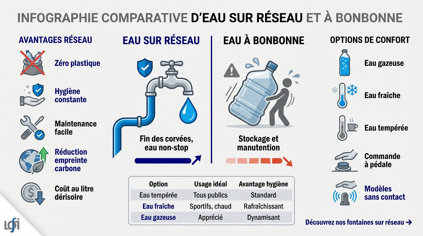 Comparatif entre une fontaine &agrave; eau sur r&eacute;seau et une fontaine &agrave; bonbonne pour ERP