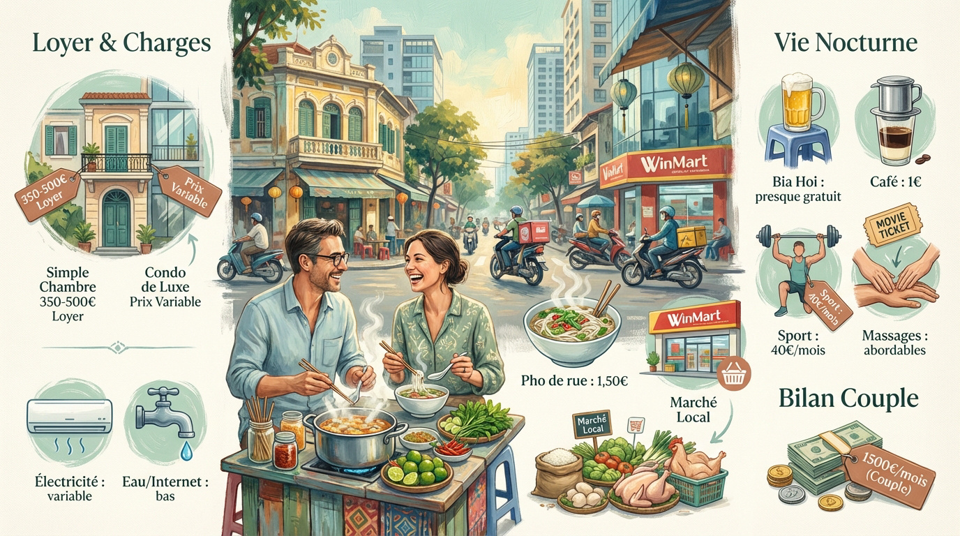 Illustration détaillée du coût de la vie quotidienne à Hanoï entre marchés et modernité