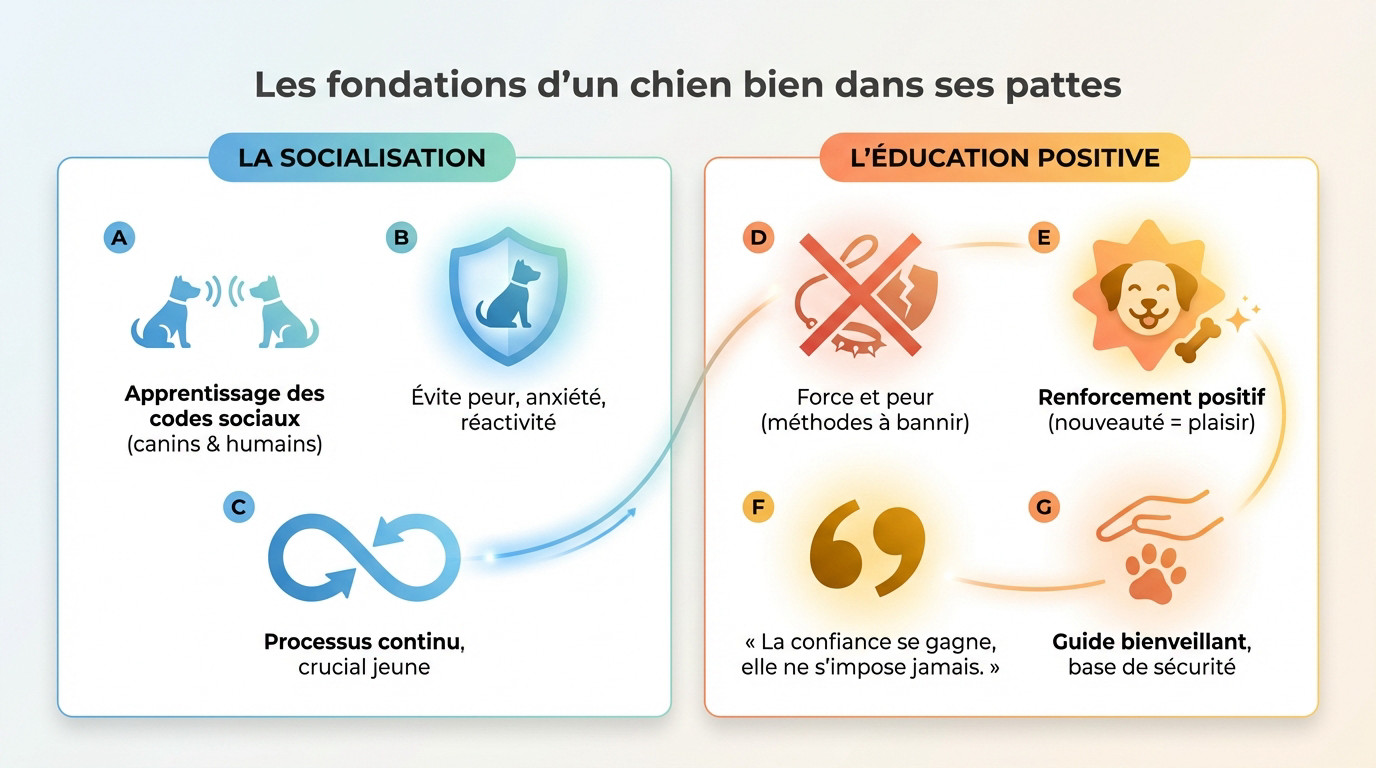 Chiot en pleine séance de socialisation positive avec son maître dans un parc