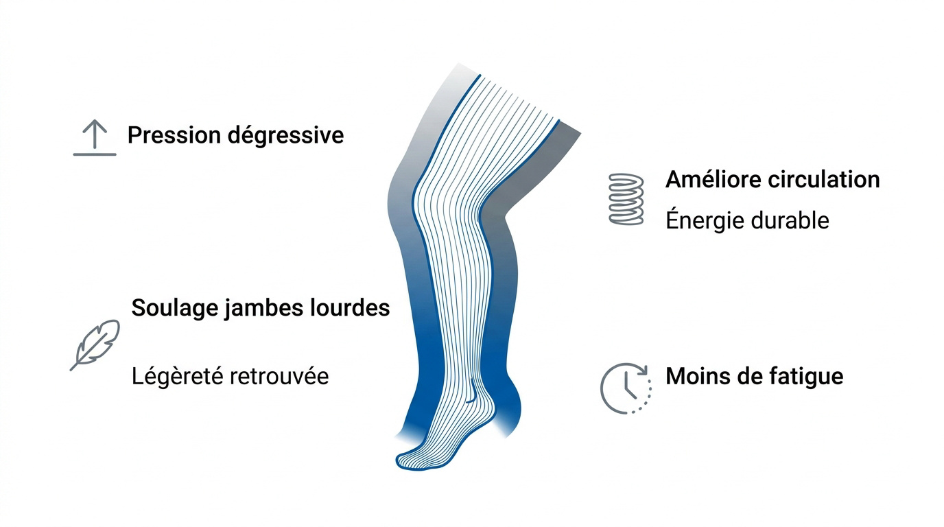 Bas de contention grossesse : comment bien choisir Infographie expliquant les bienfaits de la compression pour des jambes légères et dynamiques