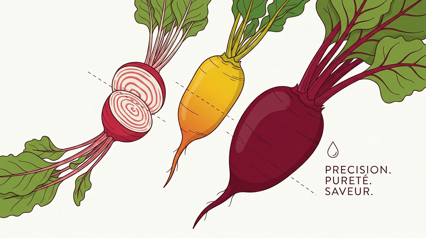 Tranches fines de betteraves Chioggia, jaune et rouge pour un carpaccio coloré