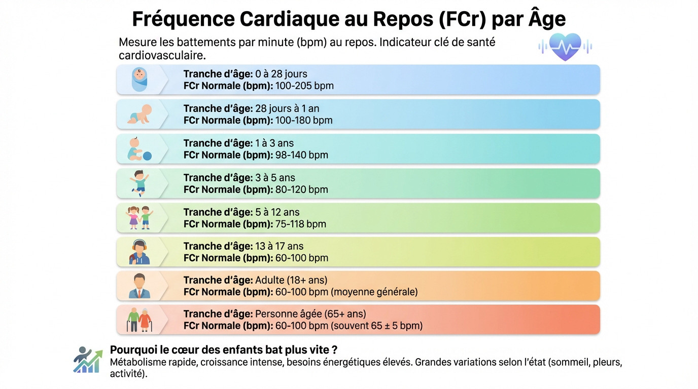 Graphique illustrant l'évolution de la fréquence cardiaque au repos de la naissance à l'âge adulte
