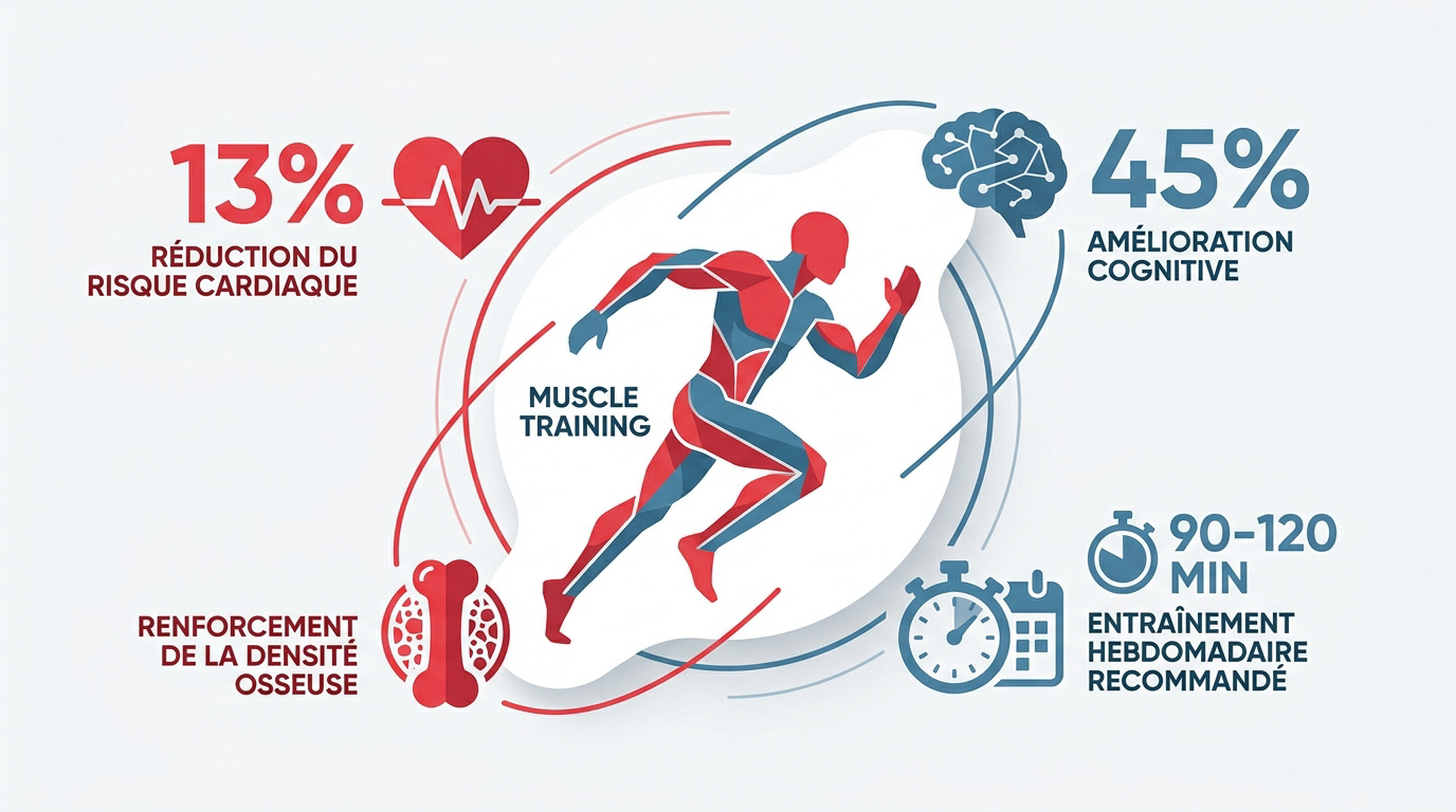 Infographie montrant les bienfaits de la musculation sur la longévité et la santé cardiaque