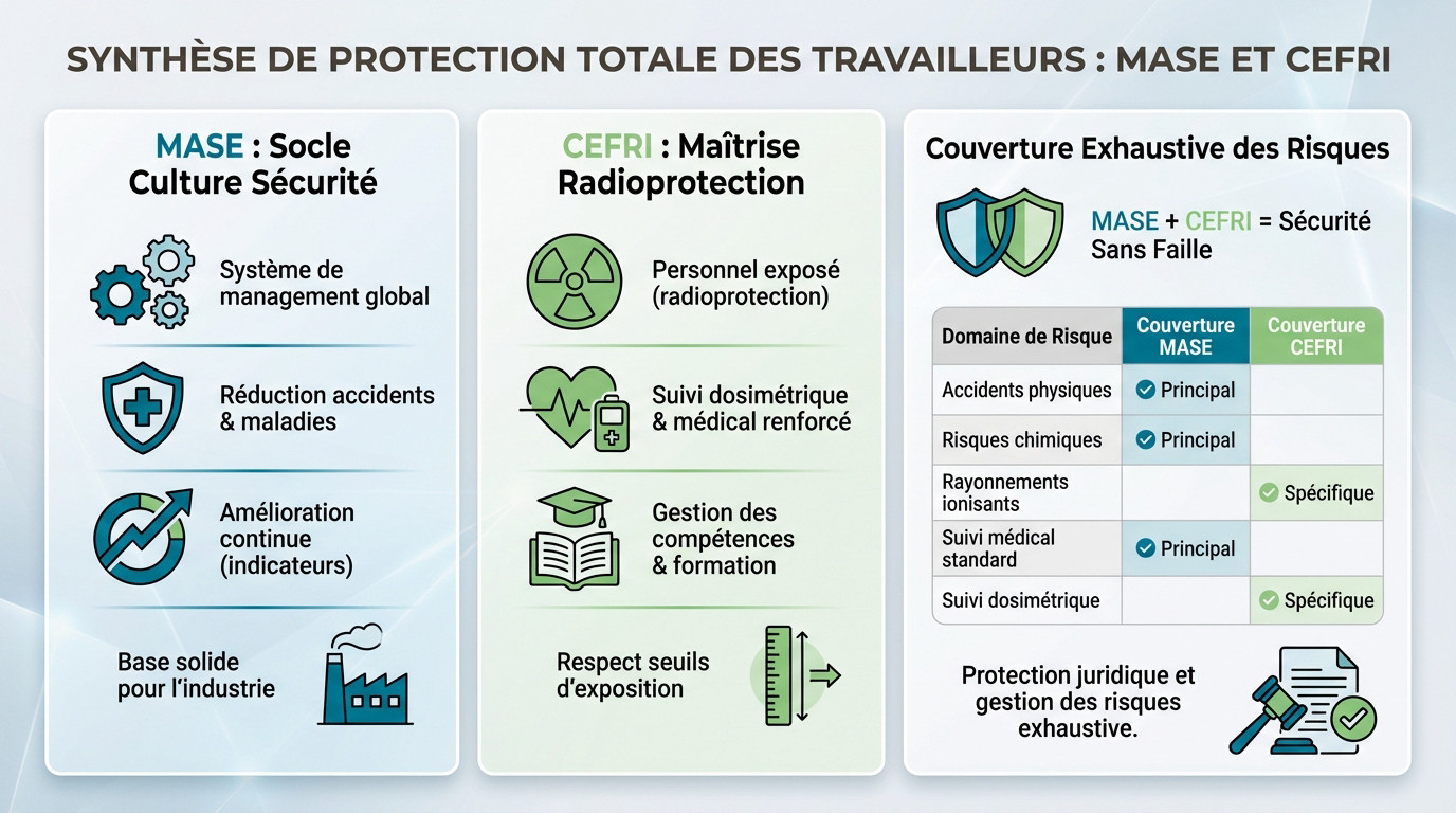 Schéma illustrant la complémentarité entre la certification MASE et le CEFRI pour la sécurité nucléaire