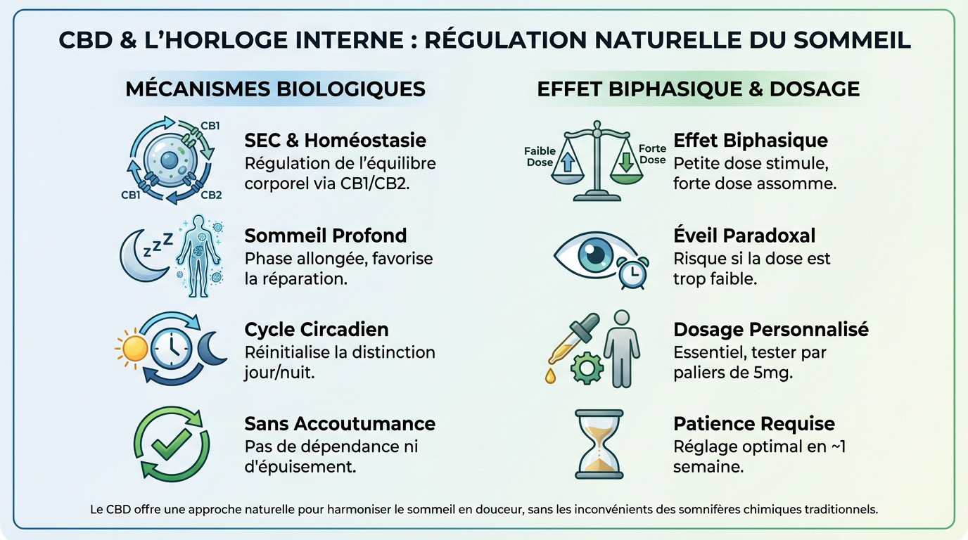 Schéma illustrant l'action du CBD sur les cycles du sommeil et l'horloge interne