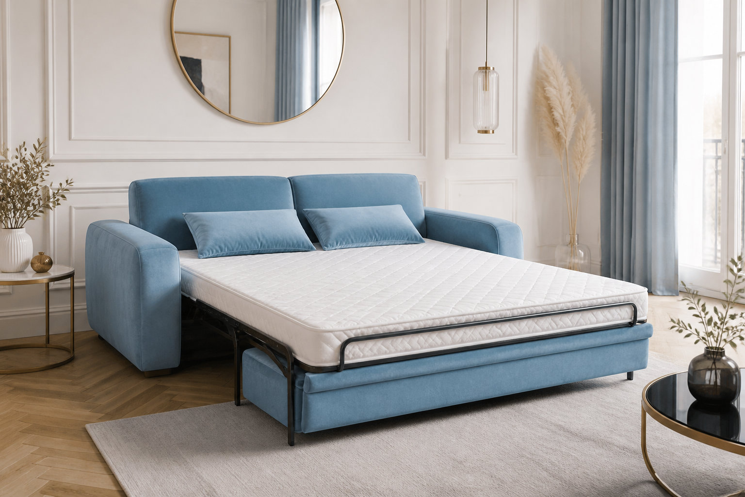Canapé nuage LILO 2 places en velours bleu azur : le charme du pastel
