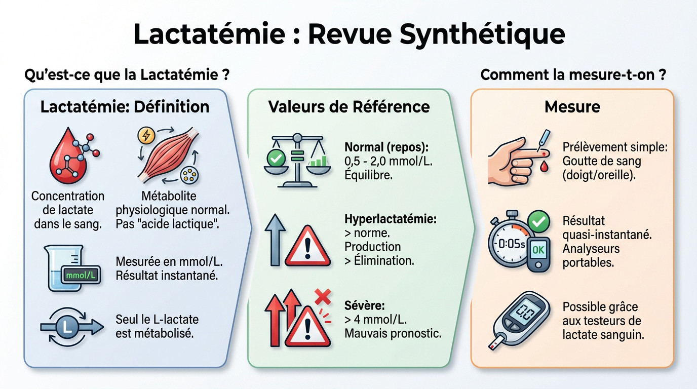 Schéma synthétique expliquant la lactatémie, ses valeurs normales et son processus de mesure