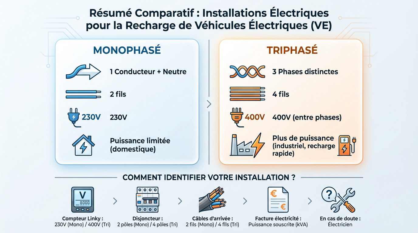 Schéma comparatif entre une installation électrique monophasée et triphasée