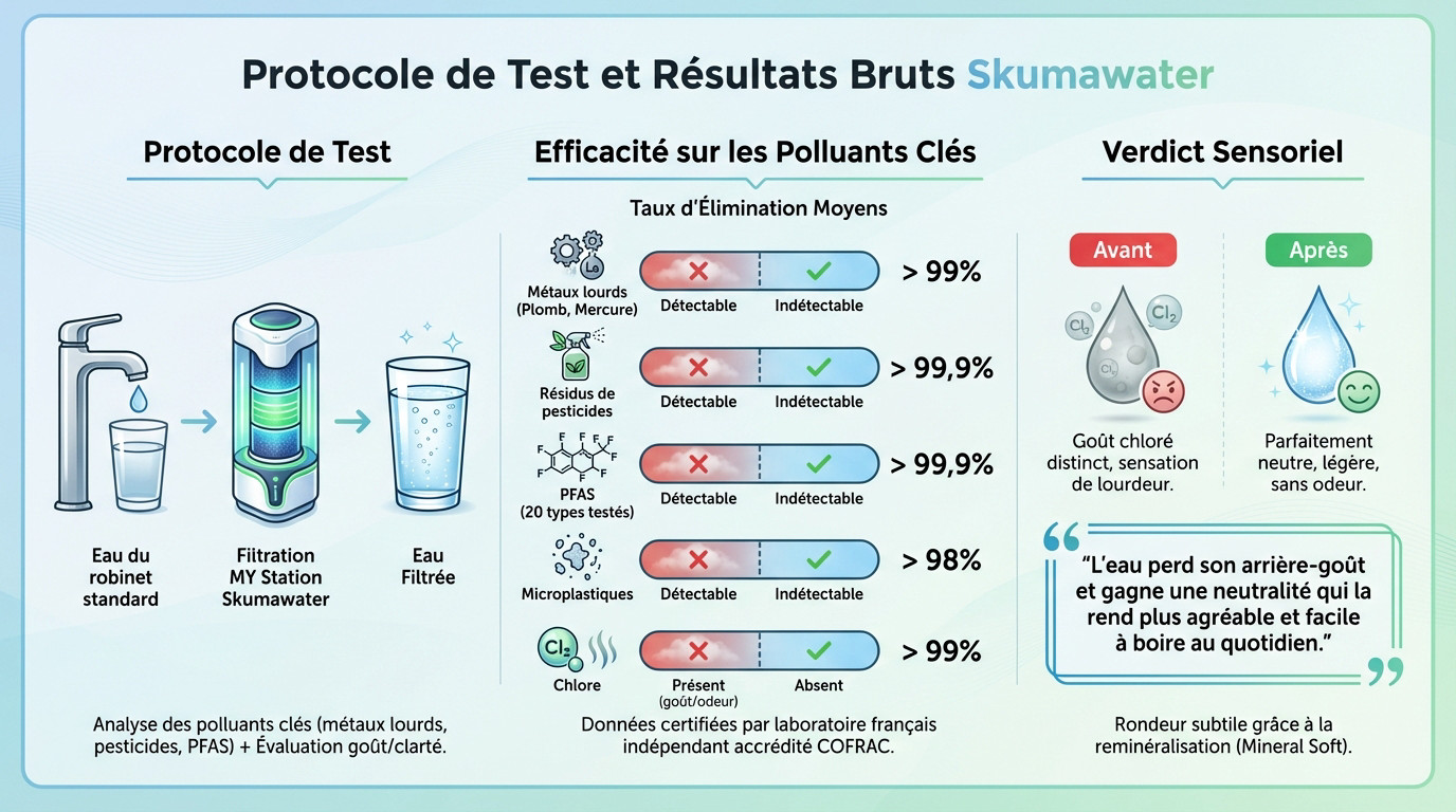 Protocole de test et résultats de filtration Skumawater sur les métaux lourds et pesticides