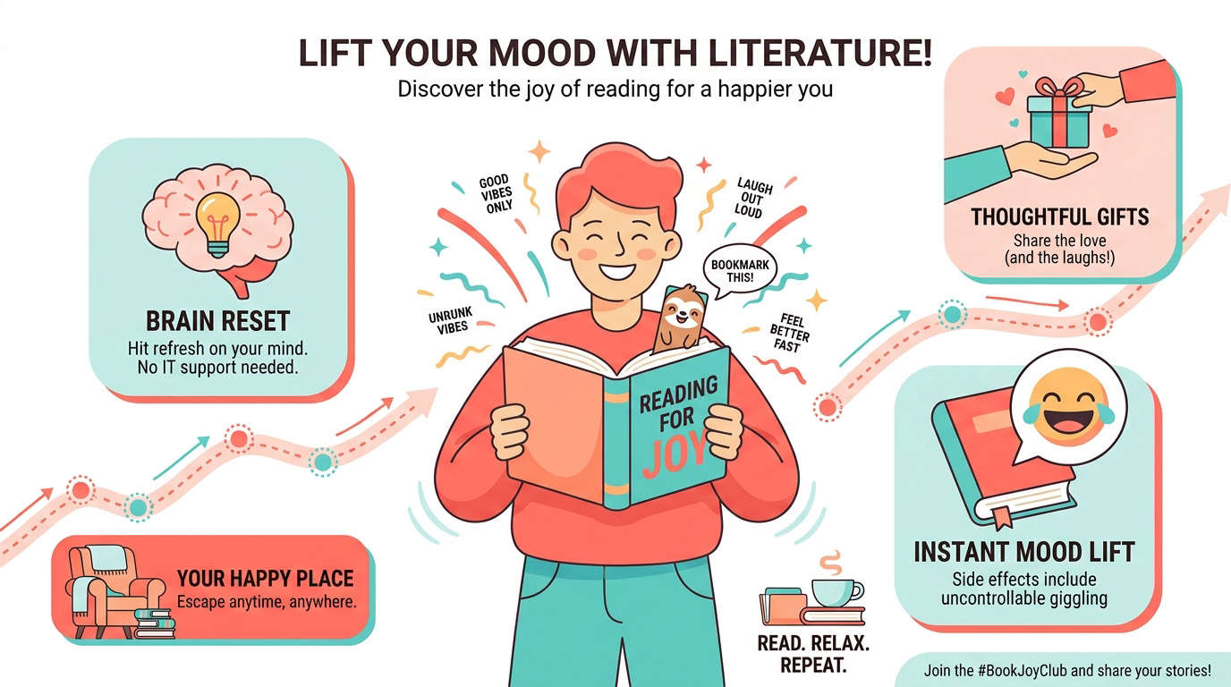 A humorous bookmark resting inside an open book to boost reading mood
