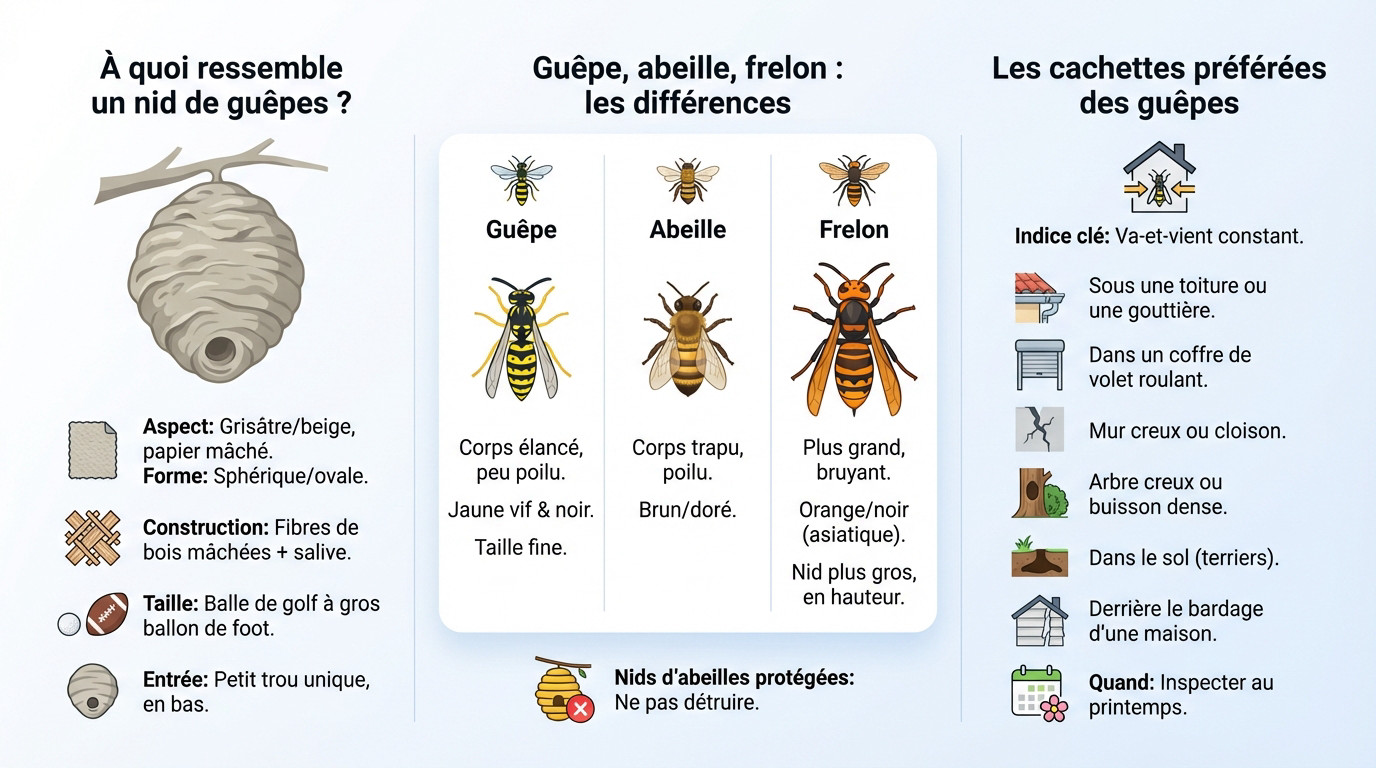 Comparaison visuelle entre un nid de guêpes, un nid d'abeilles et un nid de frelons avec leurs cachettes habituelles