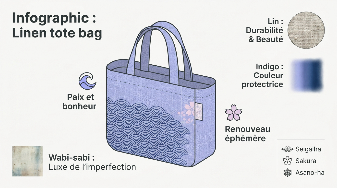 Infographie présentant les avantages du sac en toile de lin japonais